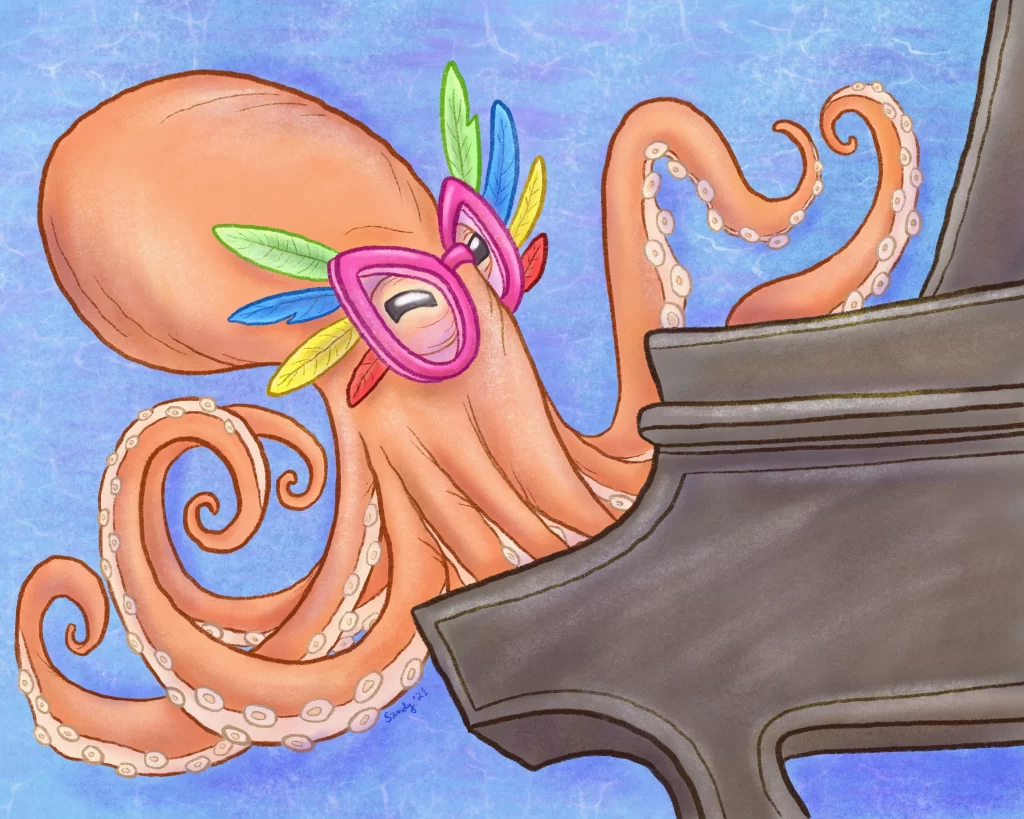 A stylish octopus tickling the ivories.