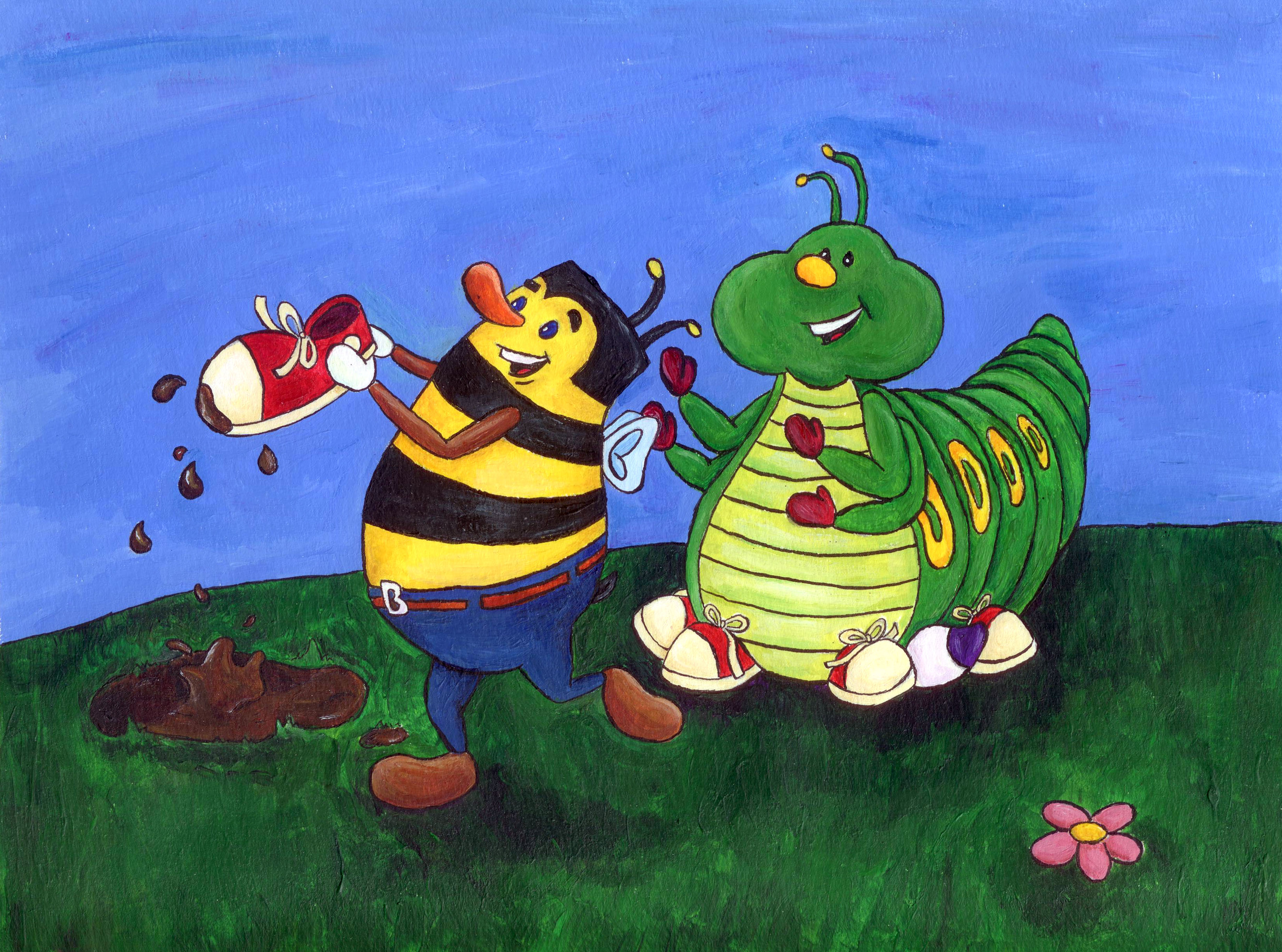 A friendly bee helping a caterpillar with his shoe.